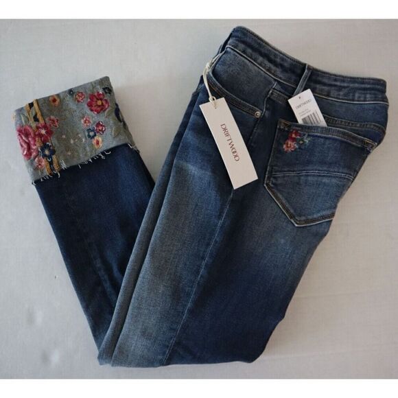 Driftwood Women Sz 25 Med. Wash Colette Floral Embroidered Cuffed Crop Jeans - Picture 9 of 10